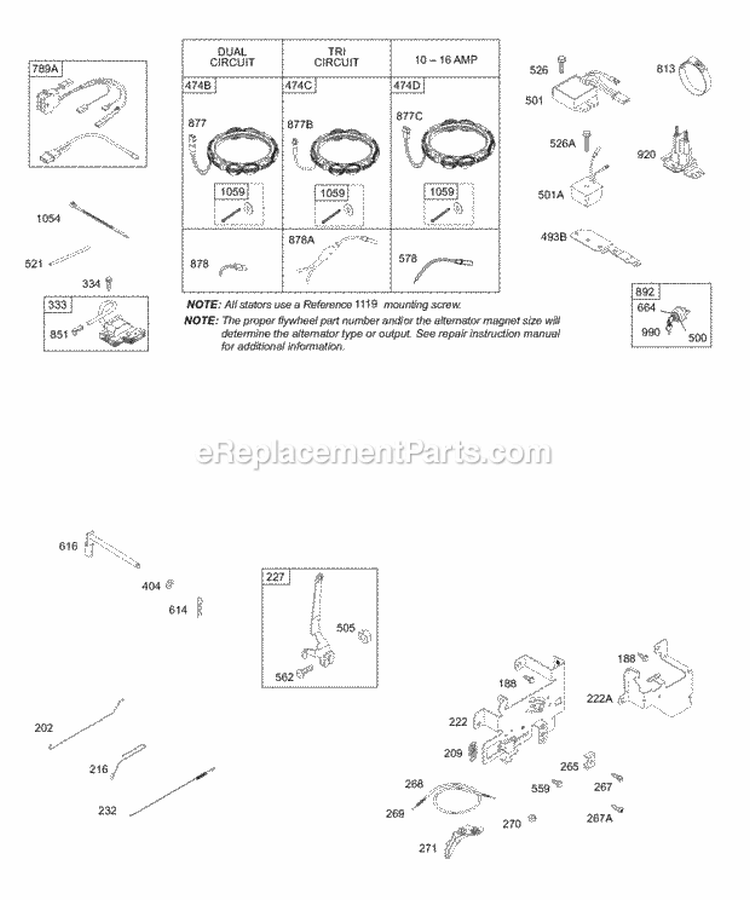 Alternator Control Bracket Ignition Diagram and Parts List for 311707-0026-E1  Briggs and Stratton Engine